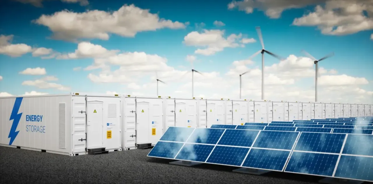 Solar panels next to a battery storage unit
